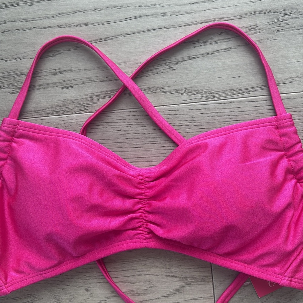 Xhilaration Shiny Pink Bikini Top Juniors Medium Tie-Crossback Bralette Swim New - Picture 4 of 7